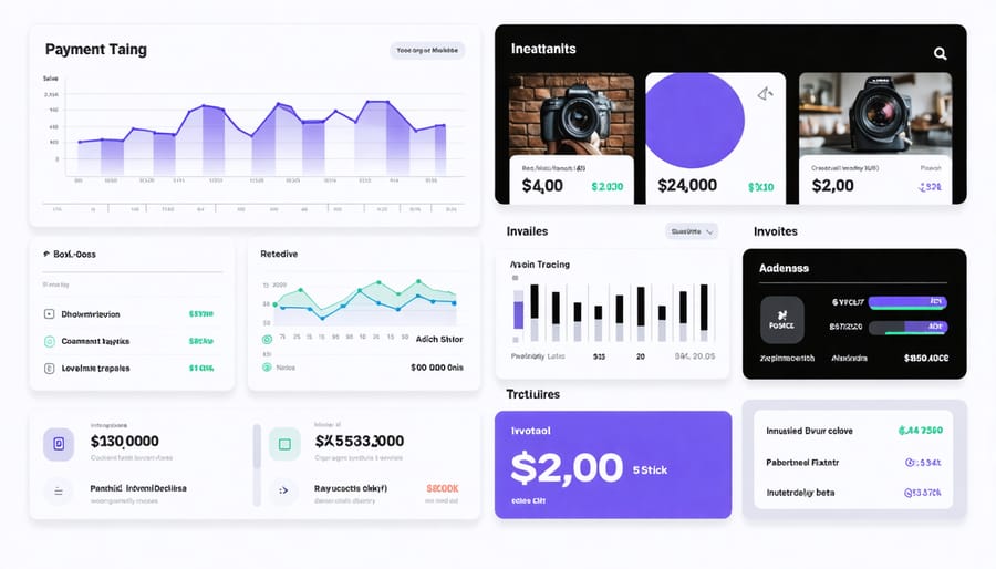 Photography studio management software interface displaying financial analytics and invoicing features