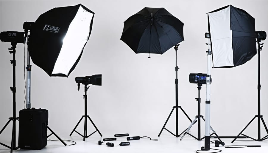 Complete photography studio lighting setup with various light modifiers and strobes