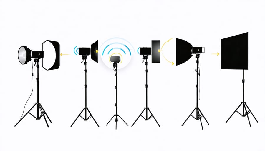 Diagram illustrating a professional photography studio setup with multiple wireless-controlled lights and their control interfaces