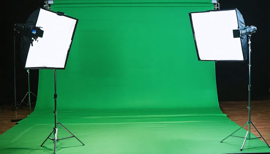 Hybrid lighting setup combining energy-efficient LED lights with natural daylight for green screen photography