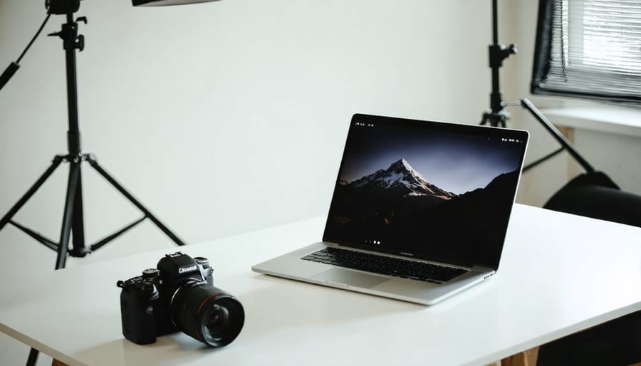 Photographer working with a DSLR camera connected to a laptop running tethering software