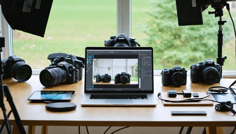 Professional tethered photography workstation with computer and camera setup