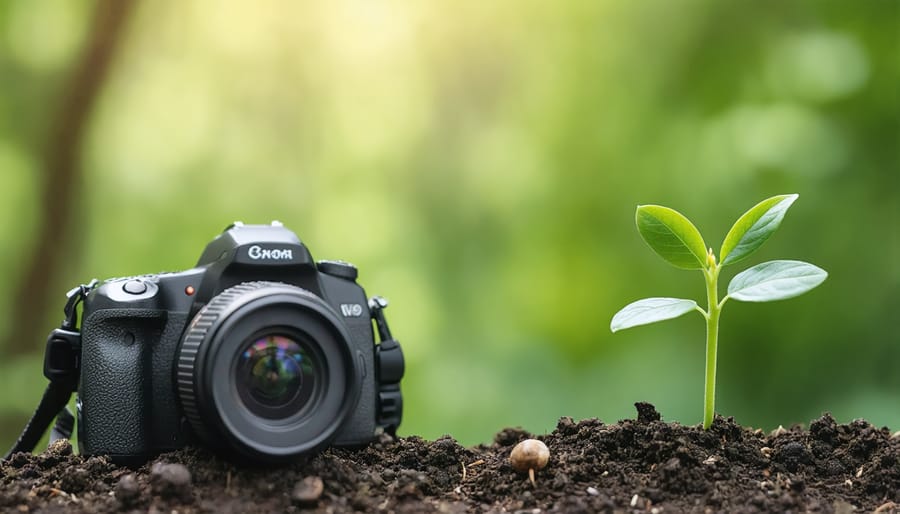 DSLR camera with macro lens and intervalometer setup for plant time-lapse photography