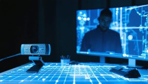 "A home studio setup showcasing a standard webcam amidst glowing digital lines, representing motion capture technology in action, with a shadowy figure and skeletal tracking overlay in the background."
