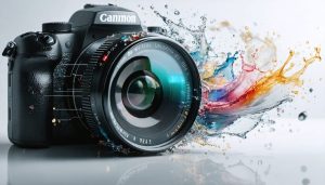 An abstract representation of a camera lens intertwined with digital sensor elements, signifying the impact of high-speed sensors on modern photography
