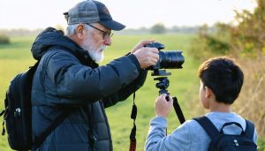 An experienced photographer mentoring a young photographer, demonstrating camera settings during an outdoor shoot with natural lighting, representing the growth and learning journey in photography.