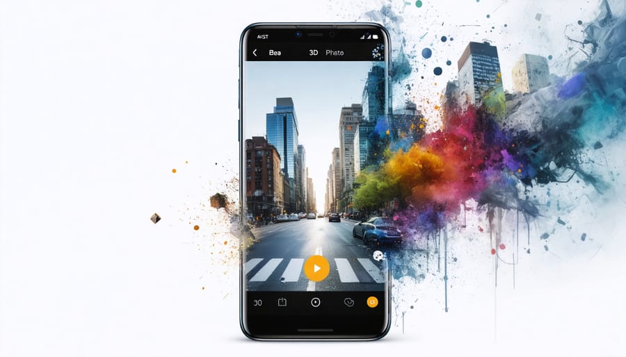 A modern smartphone displaying an immersive 3D photo of a vibrant urban landscape, with elements appearing to emerge from the screen, illustrating the depth and possibilities of 3D photography apps.