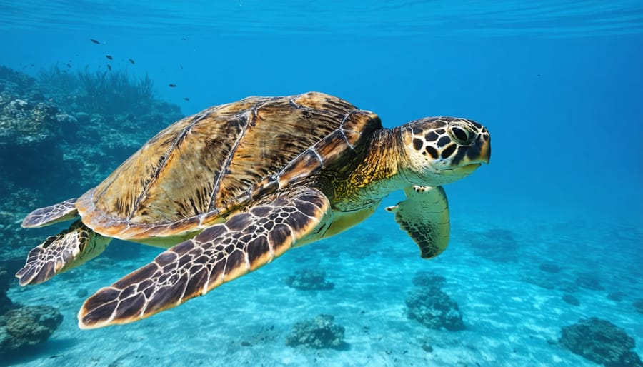 Green sea turtle swimming with sun rays in background, composed using rule of thirds