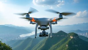 Aerial view of a drone equipped with a high-resolution camera flying over diverse landscapes, highlighting the fusion of drone technology and creative vision in capturing unique aerial perspectives.
