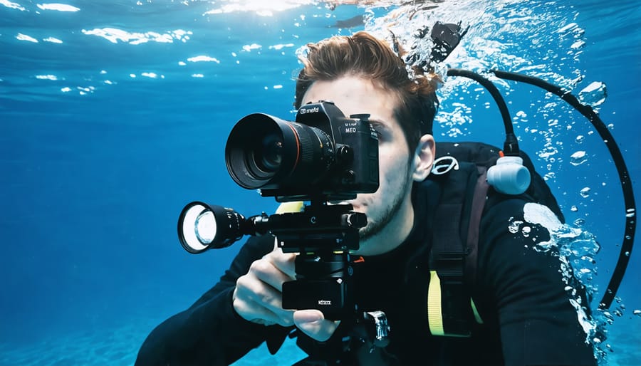 Complete underwater photography gear setup showing DSLR camera in housing with dual strobes attached
