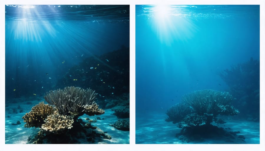 Split image showing same coral reef scene - left side without artificial light (blue/dark), right side with proper strobe lighting (vibrant colors)