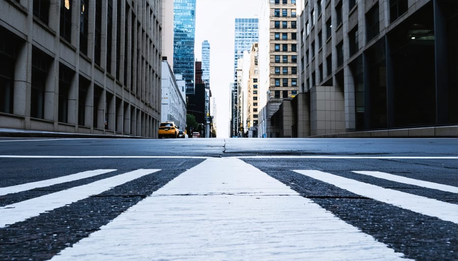 City street with converging lines of buildings and roads demonstrating leading lines in photography