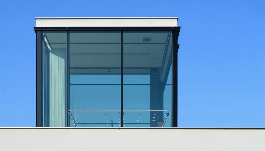 Minimalist architectural photograph of a glass building with geometric patterns and strong negative space