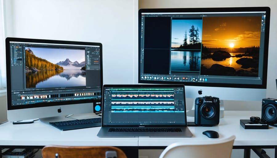 A split-screen image showing a video editor working with professional software on one side, with adjustments visible in tools like color grading and timelines, and the same footage being excessively manipulated on the other side to highlight ethical boundaries in video editing.
