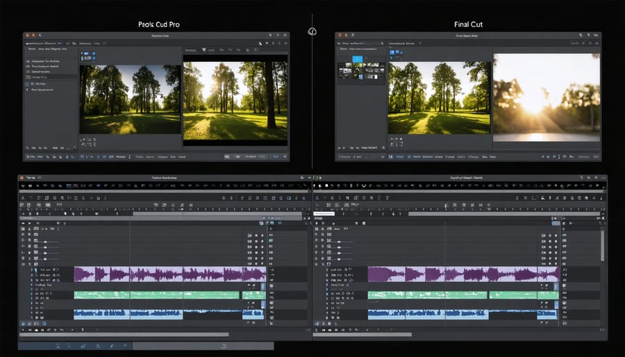 Comparison of three professional video editing software interfaces with their key features highlighted