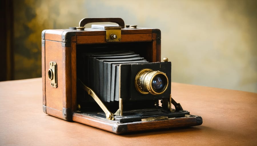 Original daguerreotype camera from the 1840s showing wooden construction and brass fittings