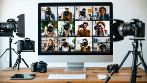 A split-screen view showing photographers from different parts of the world engaged in a virtual group shoot, with each participant sharing their camera and lighting setups during the video call.