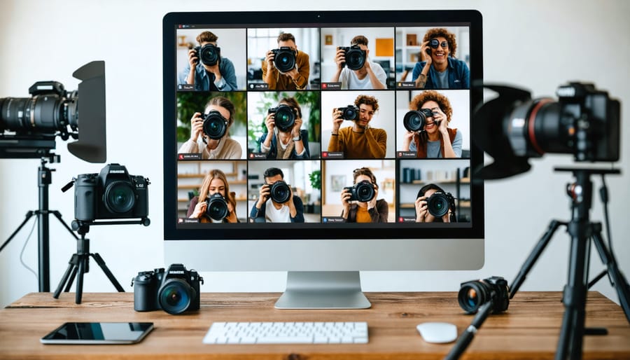 A split-screen view showing photographers from different parts of the world engaged in a virtual group shoot, with each participant sharing their camera and lighting setups during the video call.