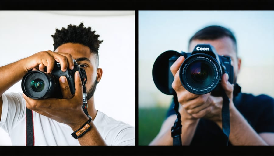 Multiple photographers connected via video call, sharing their camera setups and discussing photography techniques