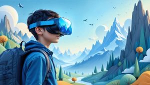 An individual wearing a VR headset appears deeply engaged in capturing stunning scenes within a virtual environment, showcasing the limitless possibilities of virtual photography.