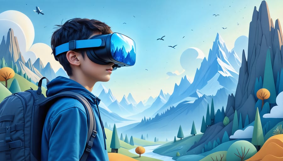 An individual wearing a VR headset appears deeply engaged in capturing stunning scenes within a virtual environment, showcasing the limitless possibilities of virtual photography.