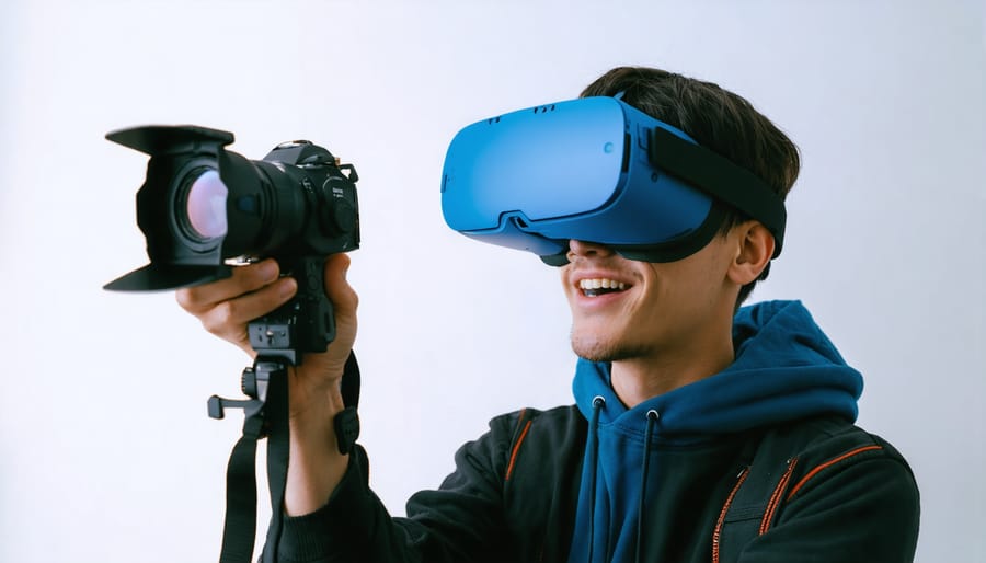 Person using VR headset to photograph from a floating perspective in virtual space