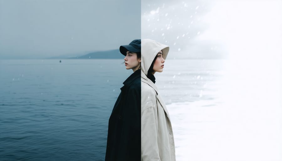 Side-by-side comparison of environmental portrait showing subject in normal weather versus extreme storm conditions