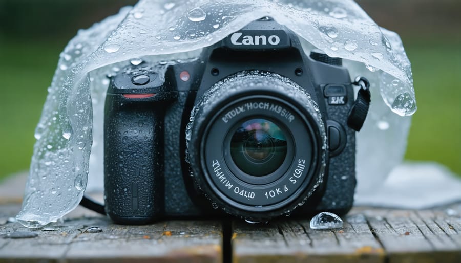 Professional camera equipment with rain protection gear in use during wet conditions