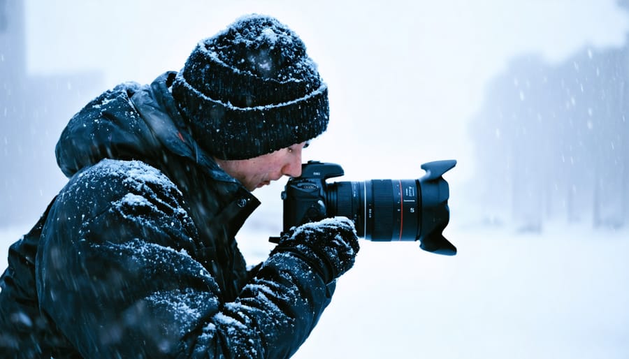 Professional photographer wearing protective winter gear while photographing in heavy snow conditions