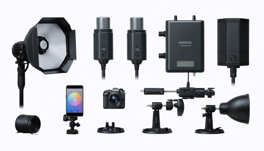 Overhead view of various wireless lighting control system components laid out on a clean surface