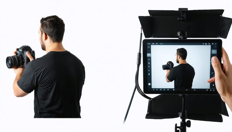 Side-by-side comparison of traditional manual lighting adjustment versus wireless control via tablet in a photo studio