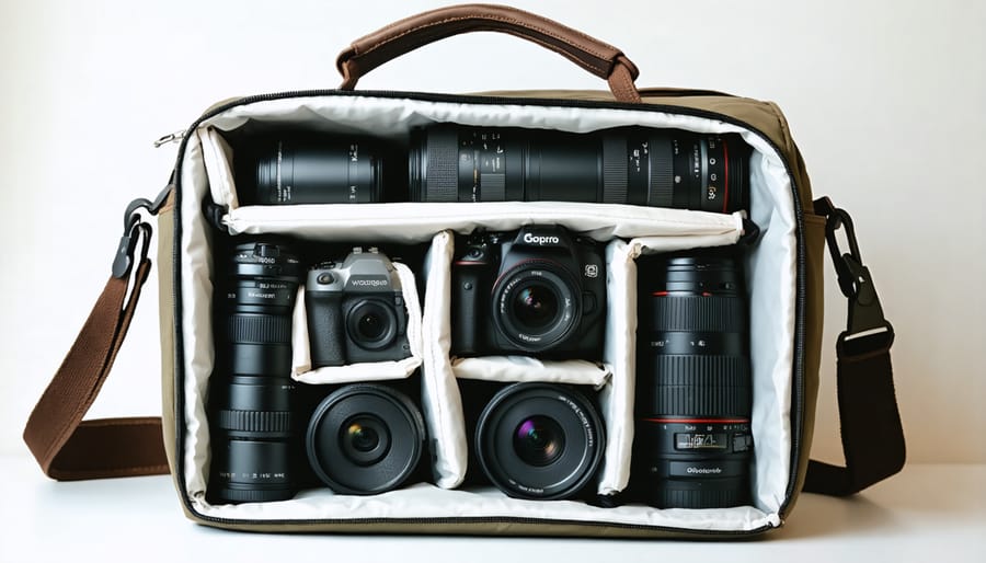 Well-organized photography gear including camera body, lenses, filters, and backup equipment