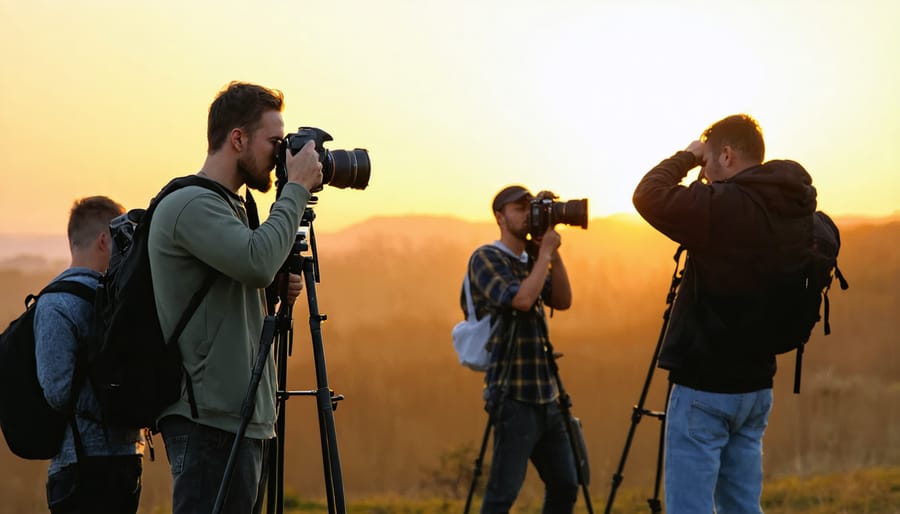 Photography workshop participants learning composition techniques during a scenic sunrise shoot