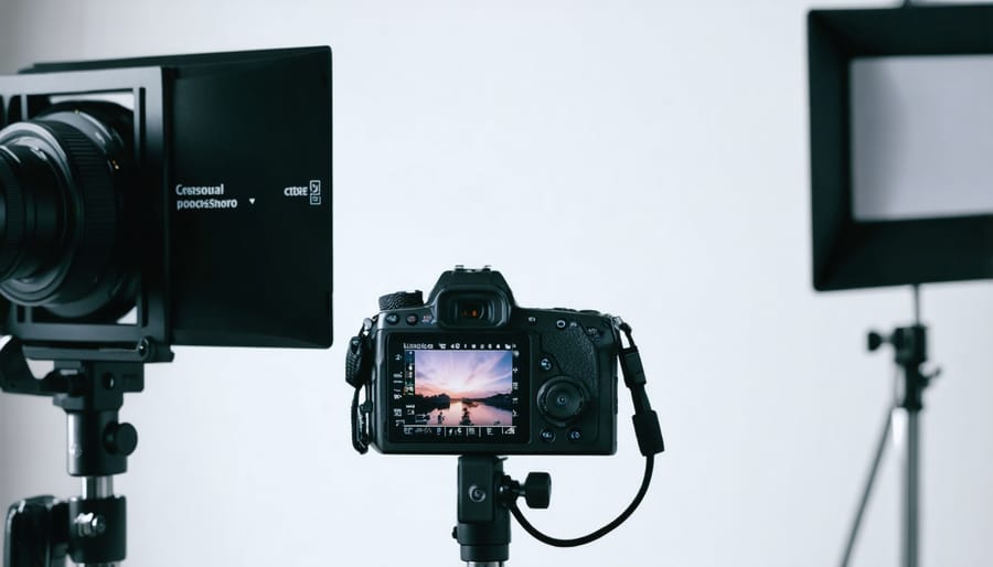 Complete video recording setup including DSLR camera, external monitor, microphone, and LED lights