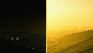 Split-frame image contrasting a regular film scene with a yellow color graded version, highlighting enhanced lighting and emotional depth.