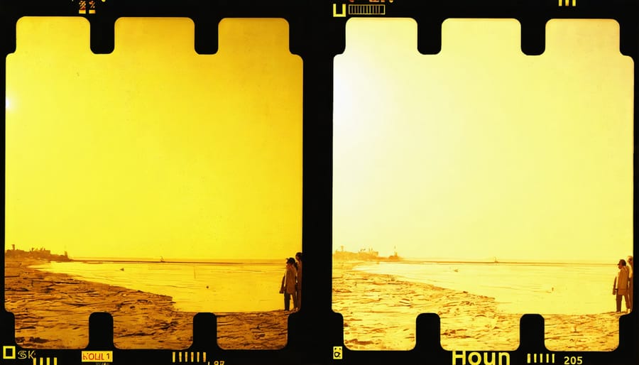 Before and after comparison of a cinematic scene showing the impact of yellow color grading