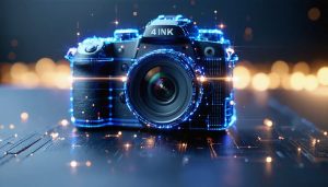 "Conceptual digital representation of a 4K camera sensor with glowing pixel grids and light rays, symbolizing advanced camera technology and high-resolution imaging."