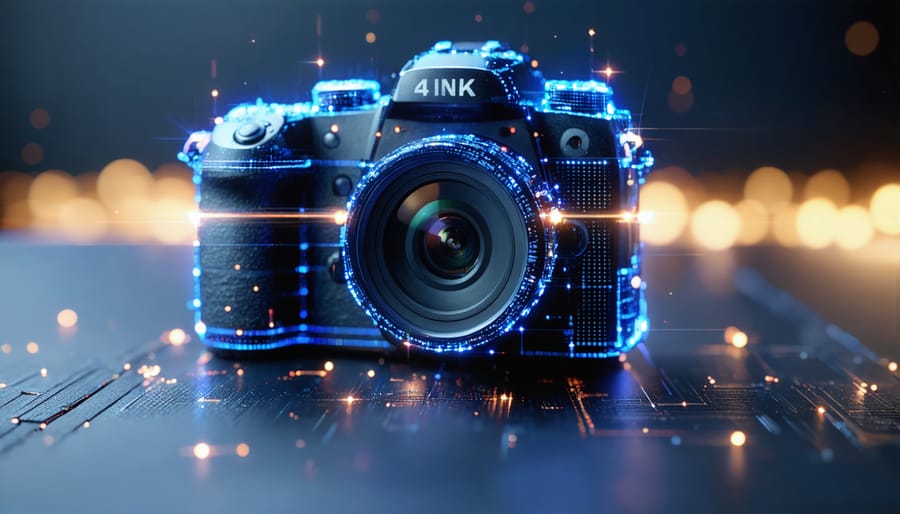 "Conceptual digital representation of a 4K camera sensor with glowing pixel grids and light rays, symbolizing advanced camera technology and high-resolution imaging."