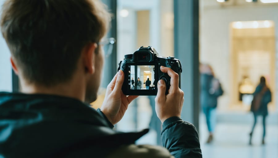 Photographer viewing AI composition and exposure suggestions through camera screen