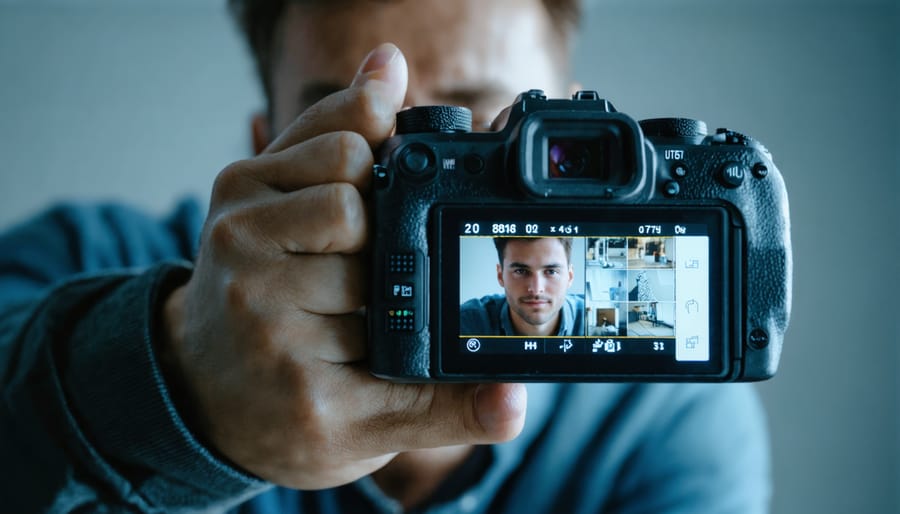 Modern camera display showing AI composition guides and subject tracking markers
