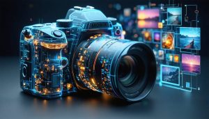 "An open DSLR camera with glowing circuits and holographic images illustrating the transition from traditional to AI-enhanced photo editing techniques."