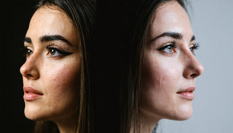 Side-by-side comparison of portrait photography showing traditional vs AI-enhanced three-point lighting results