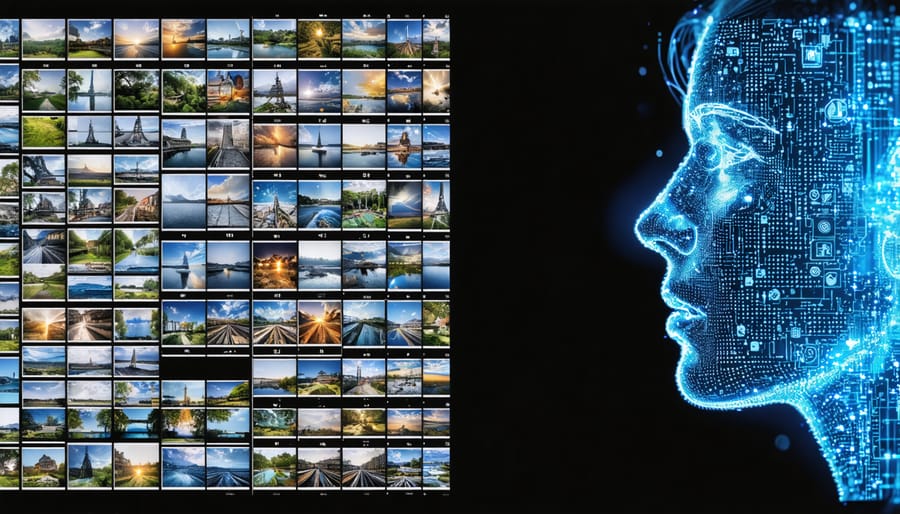 Split-screen showcasing the transition from a chaotic traditional photography workflow to a streamlined, AI-enhanced organization and editing setup, illustrating the efficiency offered by modern AI tools.