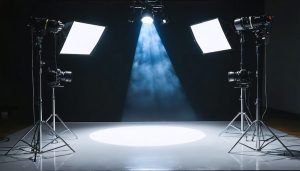 A digital graphic showing a photography studio with an AI-powered three-point lighting setup, highlighting key, fill, and back lights with tech elements representing AI integration in professional photography.