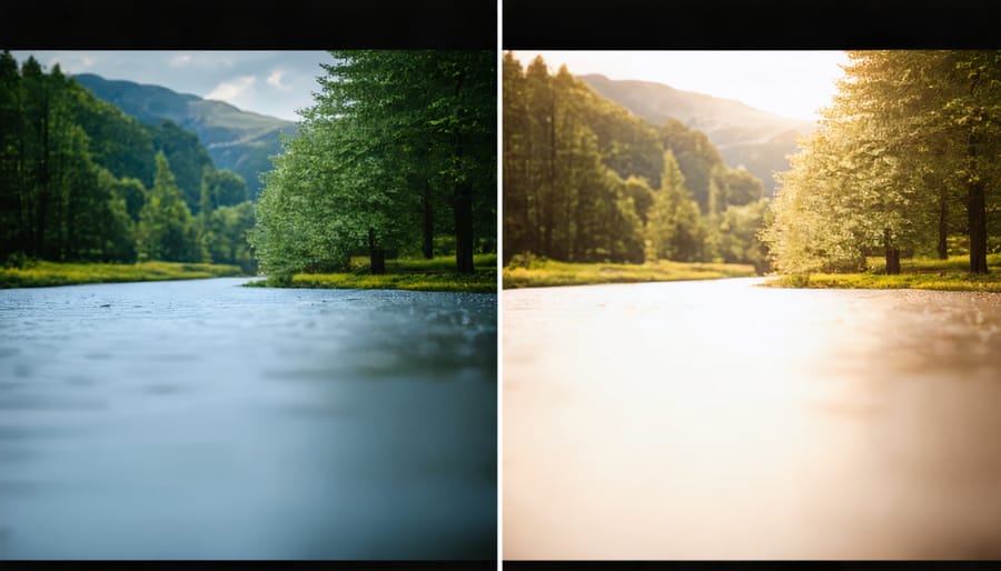 Side-by-side comparison of portrait photos showing shallow vs deep depth of field