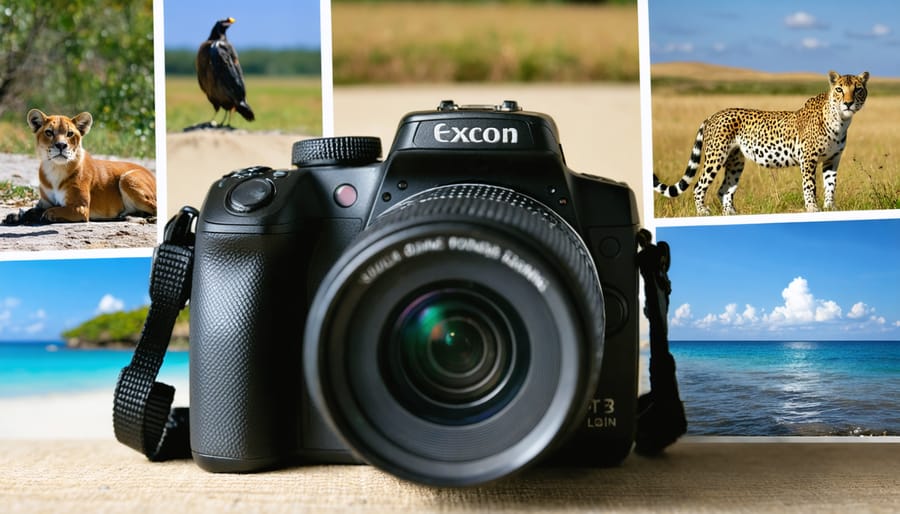 Close-up of a compact point-and-shoot camera with extended zoom lens, surrounded by imagery of wildlife, sports, and travel, showcasing versatile zoom capabilities.