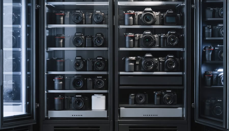 Humidity-controlled camera storage cabinet displaying proper equipment organization