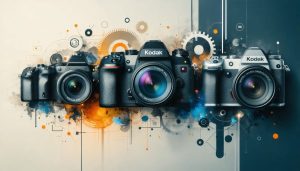 Artistic representation of the evolution of cameras, showcasing the transition from early Daguerreotype technology to modern smartphone cameras, highlighting key innovations such as Kodak Brownie, 35mm film, instant photography, DSLRs, and mirrorless cameras.