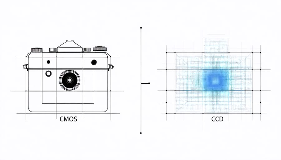 Technical diagram showing structural differences between CMOS and CCD sensor designs