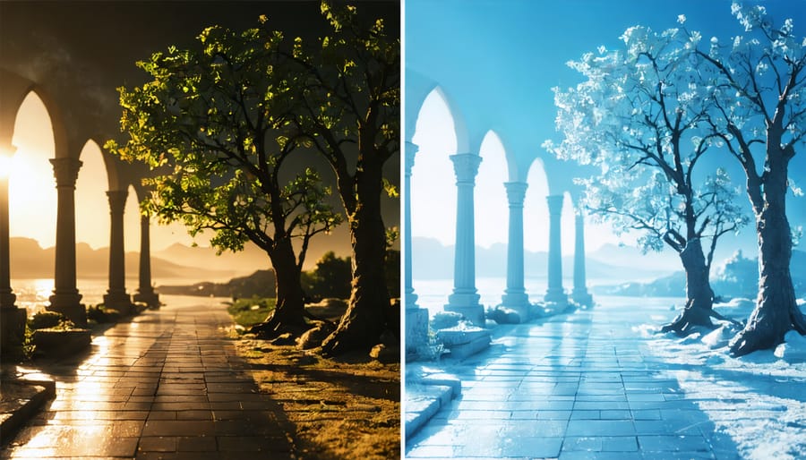Split image showing the effects of different color temperature gels on lighting